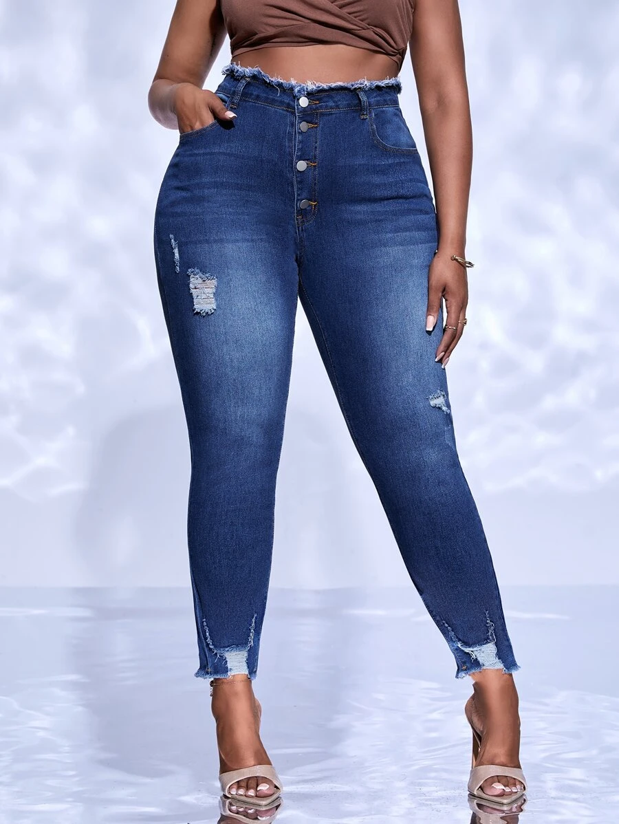 Plus High Waist Raw Hem Ripped Skinny Jeans - Dark Wash - View 1