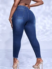 Plus High Waist Raw Hem Ripped Skinny Jeans - Dark Wash - View 2