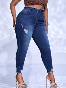 Plus High Waist Raw Hem Ripped Skinny Jeans - Dark Wash - View 3