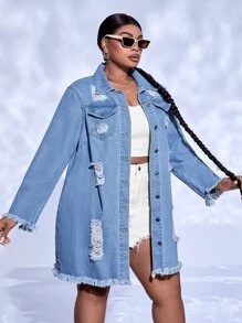 SHEIN SXY 大碼破洞毛邊牛仔外套 - 中等水洗藍 - 查看 7