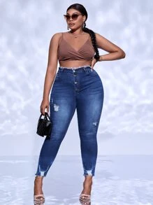 Plus High Waist Raw Hem Ripped Skinny Jeans - Dark Wash - View 4