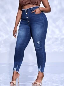 Plus High Waist Raw Hem Ripped Skinny Jeans - Dark Wash - View 5