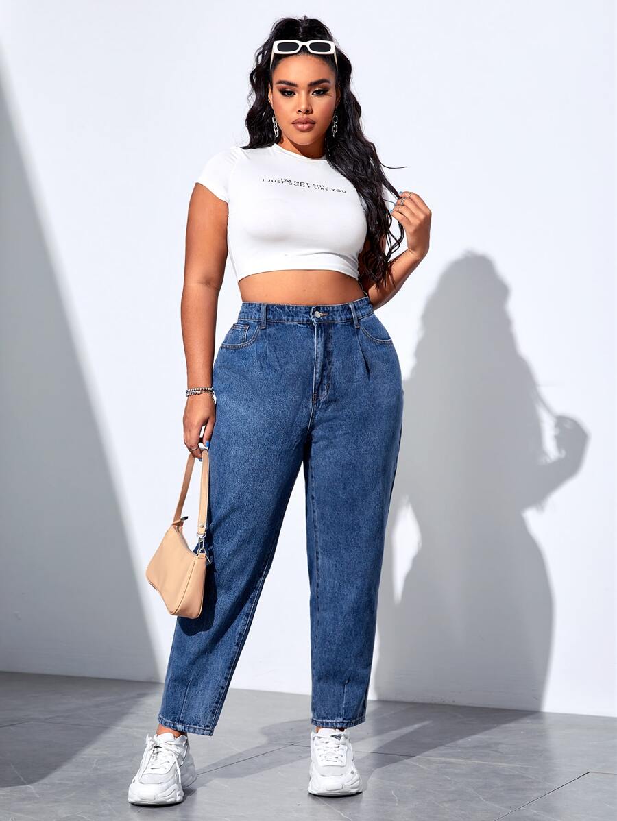 Plus High Waist Mom Fit Jeans - Medium Wash - View 1