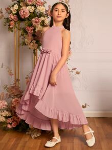 SHEIN Tween Girls 1pc Stereo Floral Front Ruffle Hem Halter Neck Dress - Dusty Pink - View 4