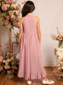 SHEIN Tween Girls 1pc Stereo Floral Front Ruffle Hem Halter Neck Dress - Dusty Pink - View 2