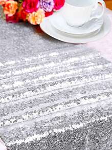1 pieza Corredor de mesa de cocina con lentejuelas mesa de tela plata para Vajilla mesa casa - Plateado - Ver 2