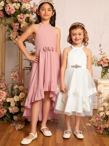 SHEIN Tween Girls 1pc Stereo Floral Front Ruffle Hem Halter Neck Dress - Dusty Pink - View 5