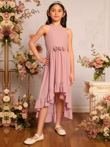 SHEIN Tween Girls 1pc Stereo Floral Front Ruffle Hem Halter Neck Dress - Dusty Pink - View 3