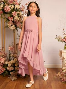 SHEIN Tween Girls 1pc Stereo Floral Front Ruffle Hem Halter Neck Dress - Dusty Pink - View 1