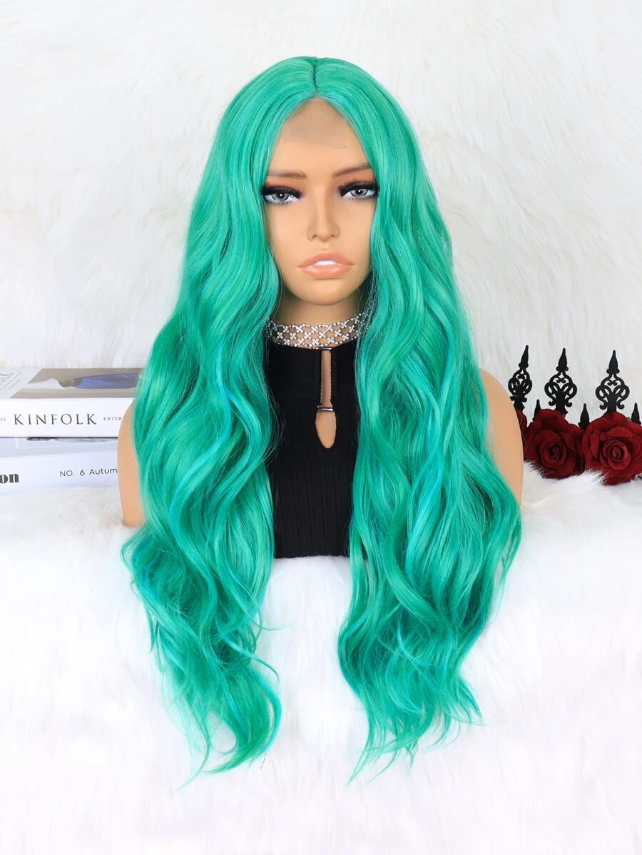 4*1 Lace Front Long Curly Synthetic Wig - Green - View 1