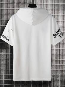 Manfinity Homme 男士潑墨和字母圖案抽繩連帽T恤 - 白色 - 查看 2