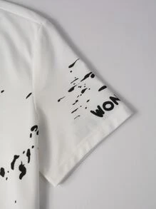 Manfinity Homme 男士潑墨和字母圖案抽繩連帽T恤 - 白色 - 查看 3