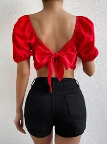 Chiquease Jacquard Square Neck Puff Sleeve Crop Blouse For New Year Clothes - Red - View 1