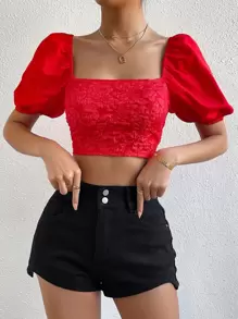 Chiquease Jacquard Square Neck Puff Sleeve Crop Blouse For New Year Clothes - Red - View 3