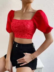 Chiquease Jacquard Square Neck Puff Sleeve Crop Blouse For New Year Clothes - Red - View 4