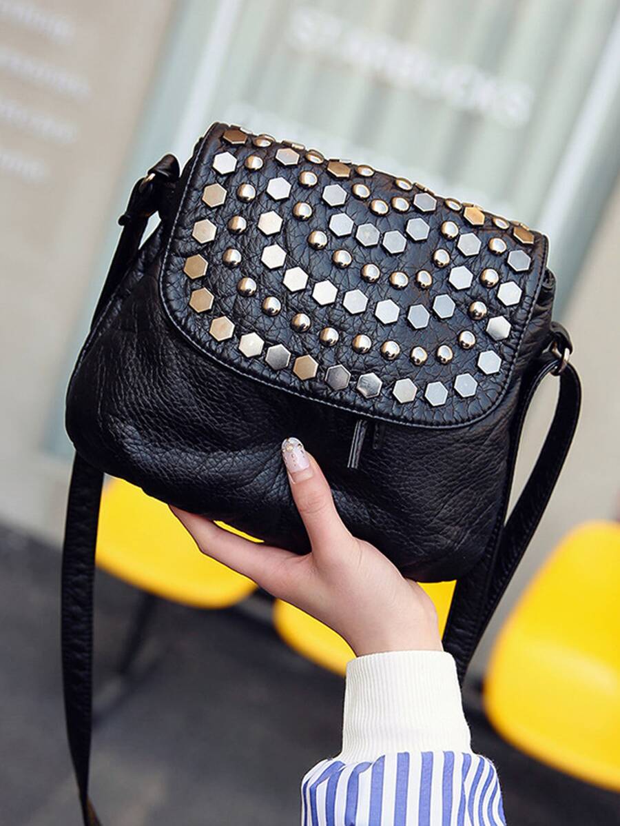 Studded Decor Flap Square Bag - Black - View 1