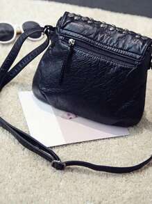 Studded Decor Flap Square Bag - Black - View 2