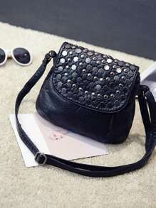 Studded Decor Flap Square Bag - Black - View 4