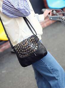 Studded Decor Flap Square Bag - Black - View 5