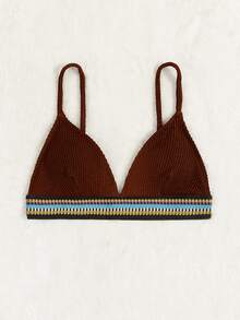 SHEIN Top bikini triángulo con cinta de rayas - Café integral - Ver 3