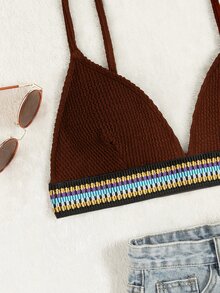 SHEIN Top bikini triángulo con cinta de rayas - Café integral - Ver 4