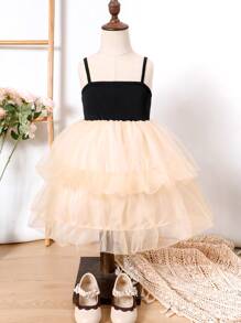 Toddler Girls Two Layer Mesh Hem Cami Dress - Multicolor - View 1