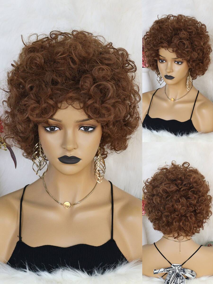 1 PC Xoăn Ngắn Cosplay Tổng Hợp Tóc Giả & 1 PC Mũ Tóc Giả - màu nâu - Xem 1