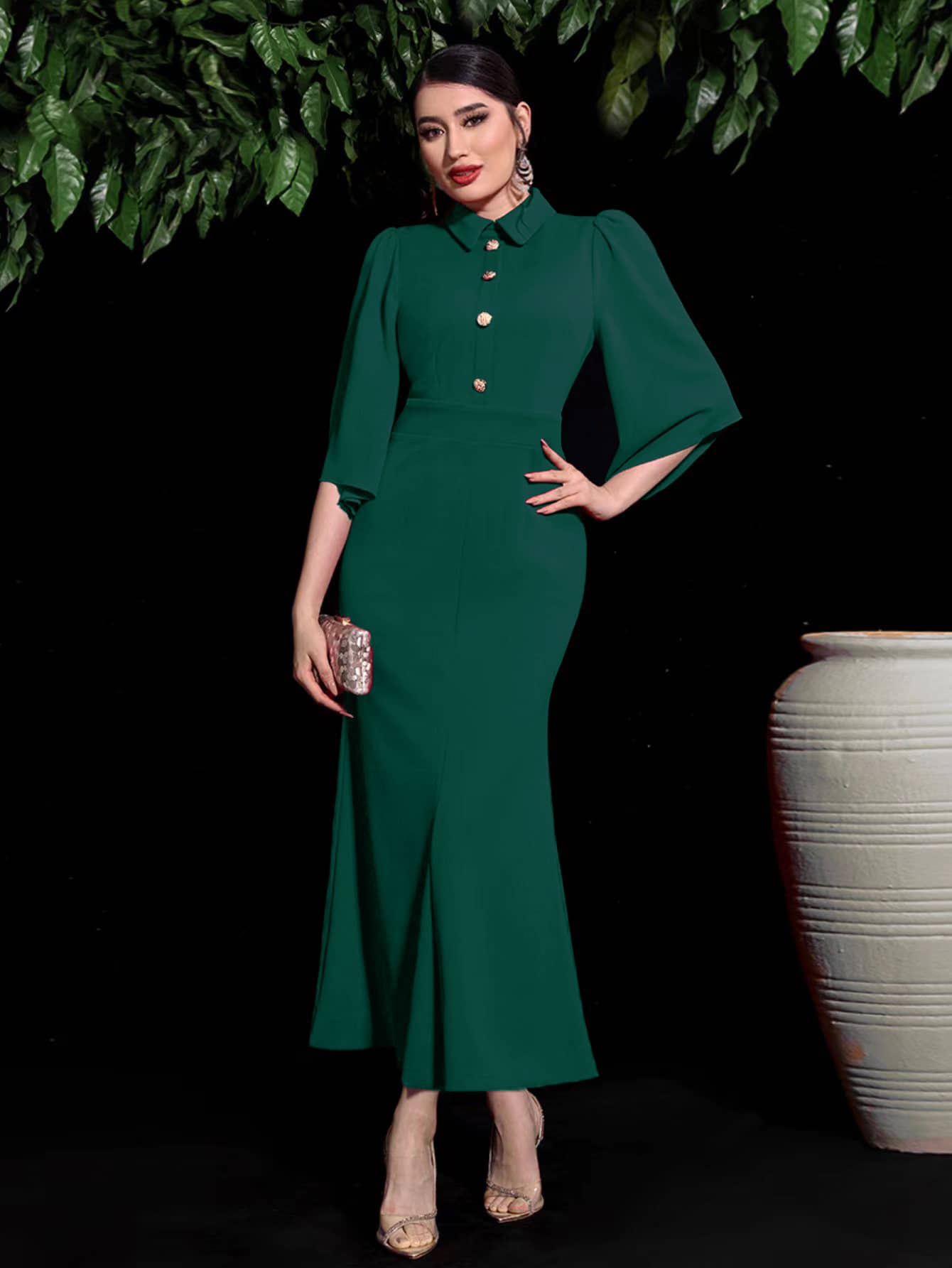 shein-modely-solid-button-front-mermaid-hem-dress-shein-usa