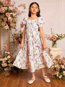 SHEIN Đầm Gái viền lá sen Viên lá sen Dải chun Hoa Tất cả trên in Boho - Nhiều màu - Xem 3