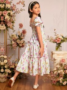 SHEIN Đầm Gái viền lá sen Viên lá sen Dải chun Hoa Tất cả trên in Boho - Nhiều màu - Xem 2