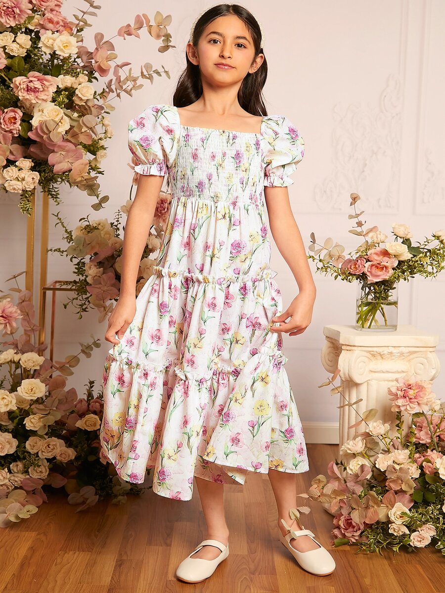 SHEIN Đầm Gái viền lá sen Viên lá sen Dải chun Hoa Tất cả trên in Boho - Nhiều màu - Xem 1