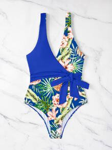 SHEIN Swim Summer Beach Tropical Print Knot Side One Piece Swimsuit - Royal Blue - View 3
