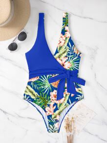 SHEIN Swim Summer Beach Tropical Print Knot Side One Piece Swimsuit - Royal Blue - View 4