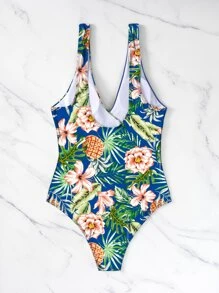 SHEIN Swim Summer Beach Tropical Print Knot Side One Piece Swimsuit - Royal Blue - View 6