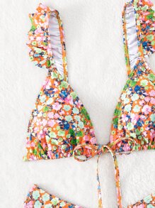 小花圖案荷葉邊飾前扣三角高腰泳裝，夏季沙灘必備 - 橘色 - 查看 5