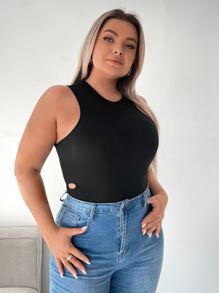 SHEIN SXY Áo hai dây Plus Size Nút Cắt ra màu trơn Giải trí - màu đen - Xem 1