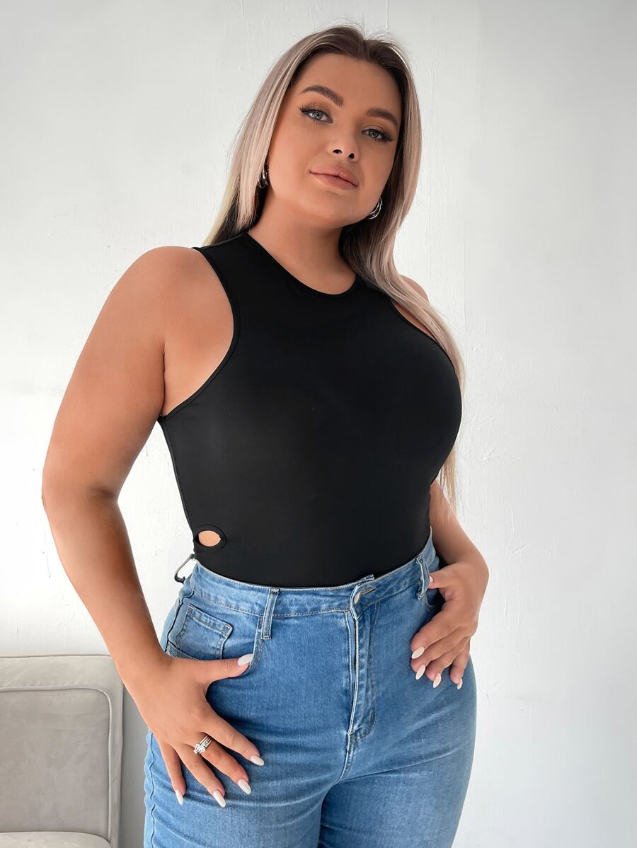 SHEIN SXY Áo hai dây Plus Size Nút Cắt ra màu trơn Giải trí - màu đen - Xem 1