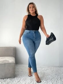SHEIN SXY Áo hai dây Plus Size Nút Cắt ra màu trơn Giải trí - màu đen - Xem 5