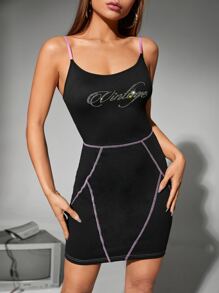 SHEIN ICON Rhinestone Letter Pattern Contrast Stitch Cami Dress - Black - View 1