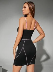 SHEIN ICON Rhinestone Letter Pattern Contrast Stitch Cami Dress - Black - View 2