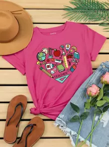 INAWLY Cartoon Graphic Tee - Hot Pink - View 1