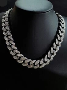 Collar de cadena de decoración de diamantes de imitación para hombre, cadena cubana de estilo Punk Hip Pop, para regalo de joyería y fiesta - Plateado - Ver 1
