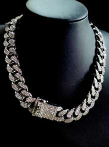 Collar de cadena de decoración de diamantes de imitación para hombre, cadena cubana de estilo Punk Hip Pop, para regalo de joyería y fiesta - Plateado - Ver 3