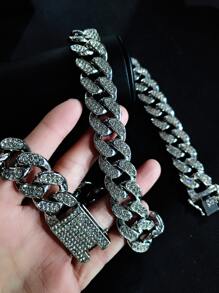 Collar de cadena de decoración de diamantes de imitación para hombre, cadena cubana de estilo Punk Hip Pop, para regalo de joyería y fiesta - Plateado - Ver 6