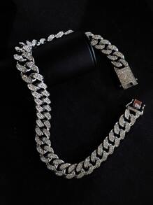 Collar de cadena de decoración de diamantes de imitación para hombre, cadena cubana de estilo Punk Hip Pop, para regalo de joyería y fiesta - Plateado - Ver 7