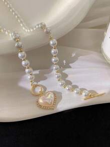 愛心掛飾珍珠串珠OT搭扣項鍊 - 白色 - 查看 3