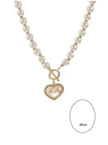 愛心掛飾珍珠串珠OT搭扣項鍊 - 白色 - 查看 4