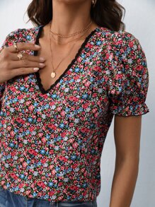 SHEIN Frenchy Ditsy Floral Print Tie Back Puff Sleeve Blouse - Multicolor - View 6