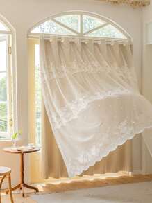 1pc Lace Design Double Layer Curtain, Modern Polyester Single Panel Curtain For Living Room And Bedroom - Beige - View 8