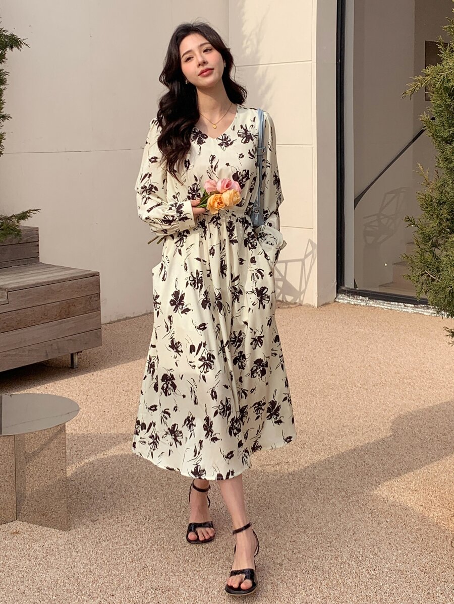 DAZY Váy tay đèn lồng họa tiết hoa, Quần áo mùa thu - Màu be - Xem 1